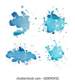 Vector set of artistic ink, watercolor splashes,blots. Blue splatter collection.