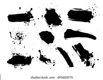 Vector set of artistic ink, watercolor splashes, ink blots. Black splatter collection. Grunge ink splotches. - stock vector