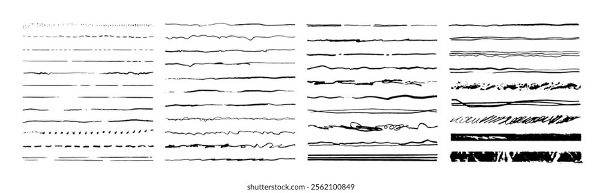 Vector set of artistic lines, brushes, underlines, hand-drawn strokes. Includes scribble sketch underlines, and ink brush drawings. Art brushes are included in the file.