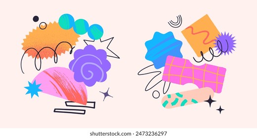 Vector set of artistic patches,doodles and stickers with copy space for text.Modern design elements with abstract textures for banners,social media marketing,branding,packaging, covers, prints