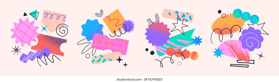 Vector conjunto de parches artísticos, garabatos y pegatinas con espacio de copia para texto.Elementos de diseño modernos con texturas abstractas para Anuncios, marketing en redes sociales, marca, embalaje, cubiertas, impresiones