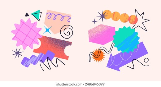 Vector set of artistic patches,doodles and stickers with copy space for text.Modern design elements with abstract textures for banners,social media marketing,branding,packaging, covers, prints