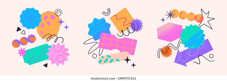 Vector set of artistic patches,doodles and stickers with copy space for text.Modern design elements with abstract textures for banners,social media marketing,branding,packaging, covers, prints