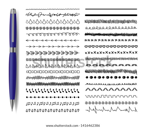 Vector Set of\
Artistic Pen Brushes Isolated on White Background, Pen and Hand\
Drawn Underline Strokes\
Collection.