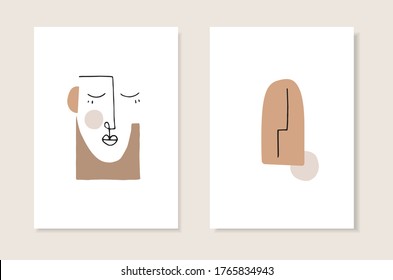 Conjunto vectorial de plantillas artísticas, invitaciones. Ilustraciones de retrato femenino dormido con ojos cerrados en un estilo lineal mínimo. Arte cubista moderno con formas abstractas. Belleza y concepto de moda.