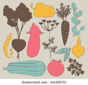 Vector set of artistic vegetables silhouettes with decorative outlines. Vector Illustration
