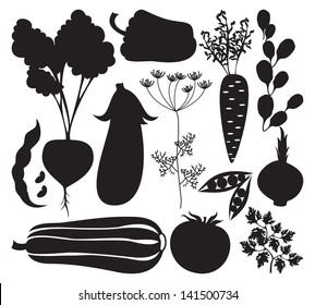 Vector set of artistic vegetables silhouettes isolated on white. Vector Illustration