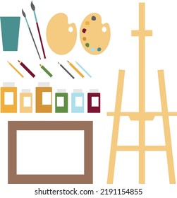 Vector set of artist's equipment: easel, brushes, glass, palettes, multicolor pencils, paints in pots, rectangle frame for picture. Isolated on white elements for design illustration, card, poster.