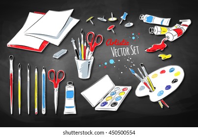 Vector set of artists supplies  stickers on black chalkboard background.