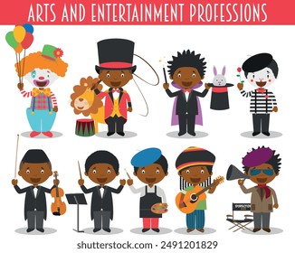 Vector Set of Arts and Entertainment Professions in cartoon style. Black or African American characters.