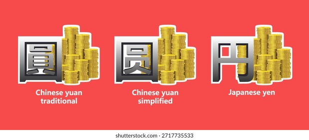 Conjunto de Vectores de divisa asiática. Iconos financieros y económicos, pegatinas. Pilas 3D de monedas de oro y dinero. Yuan chino, caracteres tradicionales y simplificados. Jeroglífico clásico del yen japonés