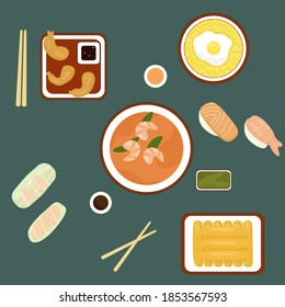 Vector set with asian food. Chinese 
noodles, tom yam, spring rolls, 
 shrimp 