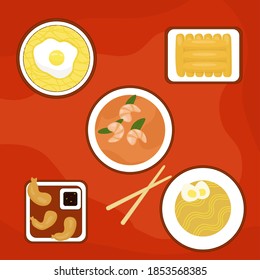 Vector set of asian food on a red background