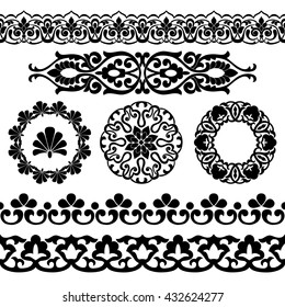 Vector set of Asian seamless tape, round and single patterns in the form of cotton in Uzbek national  style. Black templates on white background.