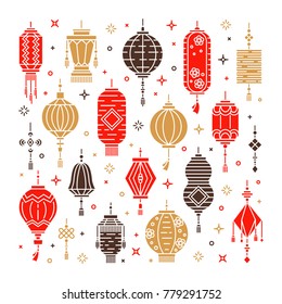 Vector set of asian street and chinese holiday lanterns,  culture decorations. Monoline and flat objects isolated on background.