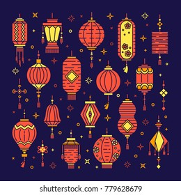 Vector set of asian street and chinese holiday lanterns,  culture decorations. Monoline and flat objects isolated on background.