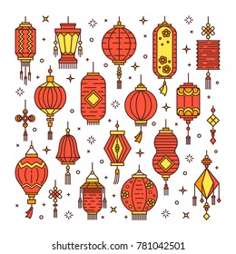 Vector set of asian street and chinese holiday lanterns,  culture decorations. Monoline and flat objects isolated on background.