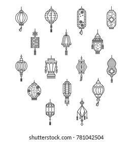 Vector set of asian street and chinese holiday lanterns,  culture decorations. Monoline and flat objects isolated on background.