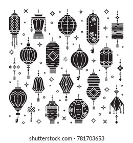 Vector set of asian street and chinese holiday lanterns,  culture decorations. Monoline and flat objects isolated on background.