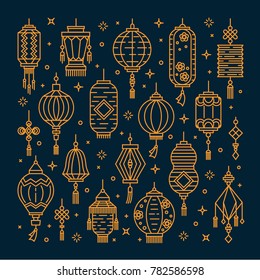 Vector set of asian street and chinese holiday lanterns,  culture decorations. Monoline and flat objects isolated on background.