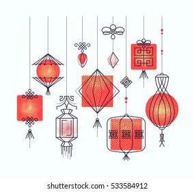 Vector set of asian street and holiday lanterns, chinese culture decorations. Monoline and halftone objects, no gradients. Easy to combine