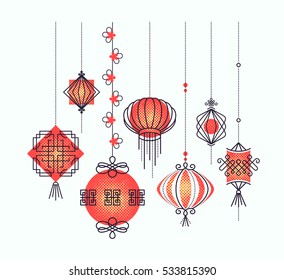 Vector set of asian street and holiday lanterns, chinese culture decorations. Monoline and halftone objects, no gradients. Easy to combine.