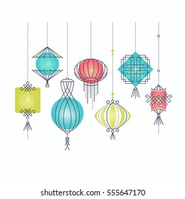 Vector set of asian street and holiday lanterns, chinese culture decorations. Monoline and geometrical color shapes' objects with halftone light, no gradients. Easy to combine. 