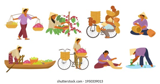 Vector Set Of Asian Women In Conical Straw Hats Working. Carrying Yoke, Harvesting Coffee Beans, Weaving Baskets And Mat, Selling Fruits From a Boat and From Bike, Working On Rice Field.