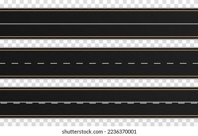 Vector set of asphalts on an isolated transparent background. Road, route png. Roadway for cars png. Road marking. City, street.