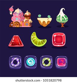 Vector set of assets for mobile/computer game. Cute gingerbread house, caramel candies of various shapes, sweet tree and platform. Cartoon elements for gaming interface
