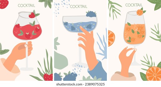 Vector set of assorted cocktails in flat design. Collection includes classic drinks in diverse glasses suitable for menus. Features both non-alcoholic and alcoholic beverages, for holiday celebration