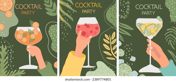 Vector set of assorted cocktails in flat design. Collection includes classic drinks in diverse glasses suitable for menus. Features both non-alcoholic and alcoholic beverages, for holiday celebration