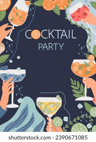 Vector set of assorted cocktails in flat design. Collection includes classic drinks in diverse glasses suitable for menus. Features both non-alcoholic and alcoholic beverages, for holiday celebration