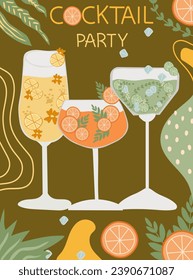 Vector set of assorted cocktails in flat design. Collection includes classic drinks in diverse glasses suitable for menus. Features both non-alcoholic and alcoholic beverages, for holiday celebration