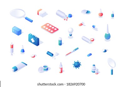 Vector set of assorted colorful icons of medications and drugs with medical tools and instruments to cure virus disease isolated on white background