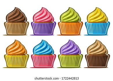 Vector Set of assorted Cupcakes, lot collection of 8 cut out illustrations of diverse colorful cupcakes or cup cakes in a row, set of many delicacy baked goods for cafe menu on white background.