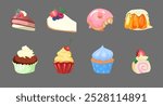 Vector Set of assorted Desserts, lot collection of 8 isolated delicate cheesecakes and cupcakes and yummy desserts, baked goods for cafe or restaurant menu.