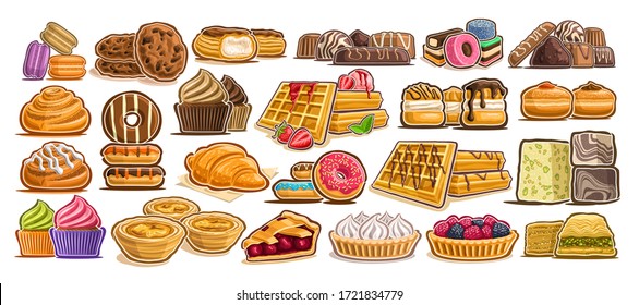 Vector Set of assorted Desserts, lot collection of 23 isolated illustrations of delicacy cakes and gastronomy delicious desserts, group of many cut out diverse baked goods for cafe or restaurant menu.