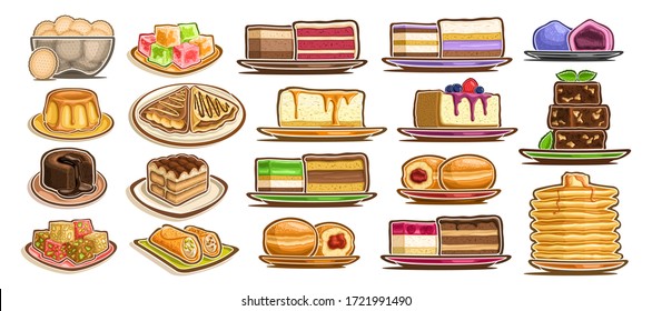 Vector Set of assorted Desserts, lot collection of 19 isolated delicate cakes and gastronomy yummy desserts on plates and dishes, group of many cut out diverse baked goods for cafe or restaurant menu.