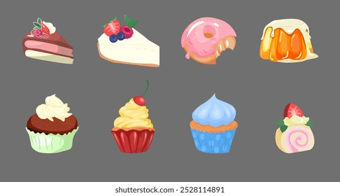 Vector Conjunto de postres surtidos, colección de lote de 8 pasteles de queso delicados aislados y cupcakes y postres deliciosos, productos horneados para el menú de cafetería o restaurante.