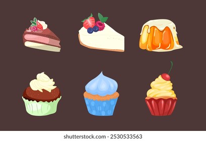 Vector Set of assorted Desserts, lot collection of 6 isolated delicate cheesecakes and cupcakes and yummy desserts, baked goods for cafe or restaurant menu.