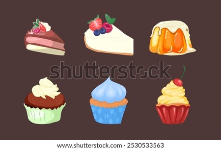 Vector Set of assorted Desserts, lot collection of 6 isolated delicate cheesecakes and cupcakes and yummy desserts, baked goods for cafe or restaurant menu.