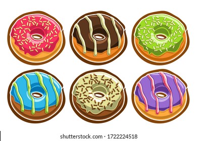 Vector Set of assorted Donuts, lot collection of 6 cut out illustrations of diverse colorful decorated donuts or doughnuts, set of many delicacy baked goods for cafe menu on white background.