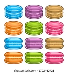 Vector Set of assorted Macaroons, lot collection of 12 cut out illustrations of diverse colorful macaroons or macarons, set of many french baked goods for cafe menu on white background.