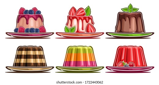 Vector Set of assorted Panna Cotta and Jelly, collection of 6 cut out illustrations of diverse fruit panna cotta and layered lelly, set of group dairy and gelatin desserts for cafe or restaurant menu.