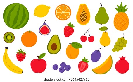 Vector set of assorted tropical fruits including banana, watermelon, avocado, orange, lemon, apple, pineapple, kiwi, fig, pear, papaya, berries and grapes. Perfect for food packaging