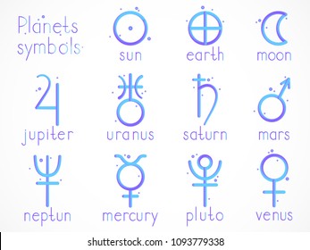 Vector set of astrological planets symbol with imitation 3d effect on white background. Signs collection: sun, earth, moon, saturn, uranus, neptune, jupiter, venus, mars, pluto, mercury. 