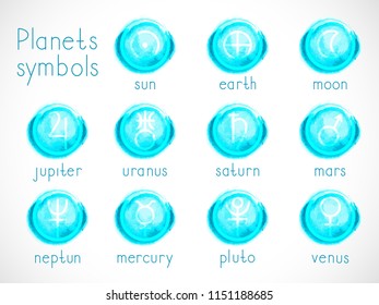 Vector set of astrological planets symbols with watercolor elements. Hand drawn. Signs collection сolorful.