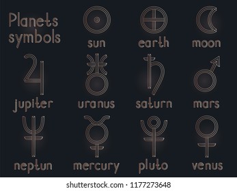 Vector set of astrological planets symbols. Gold contour. Signs collection: sun, earth, moon, saturn, uranus, neptune, jupiter, venus, mars, pluto, mercury. 