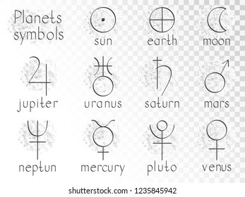 Vector set of astrological planets symbols. Hand drawn elements. Signs collection: sun, earth, moon, saturn, uranus, neptune, jupiter, venus, mars, pluto, mercury. Monochrome.